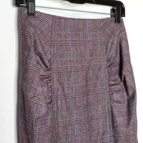 Nanette Lepore Purple Plaid Wool Blend Ruched Ruffle Pencil Midi Skirt Sz 2 - Picture 2 of 4